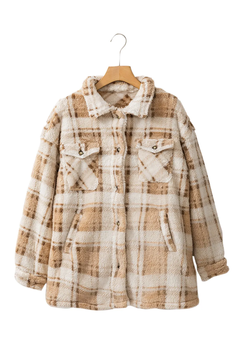 Khaki Sherpa Plaid Button Pocketed Jacket