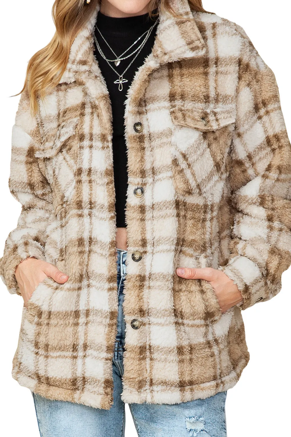 Khaki Sherpa Plaid Button Pocketed Jacket