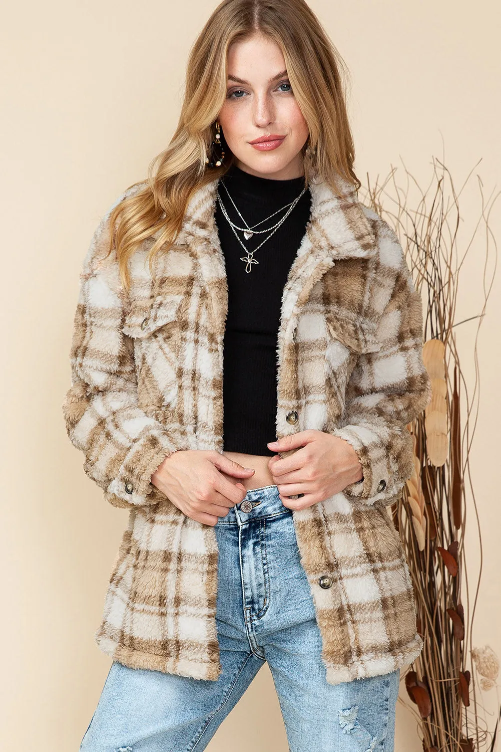 Khaki Sherpa Plaid Button Pocketed Jacket