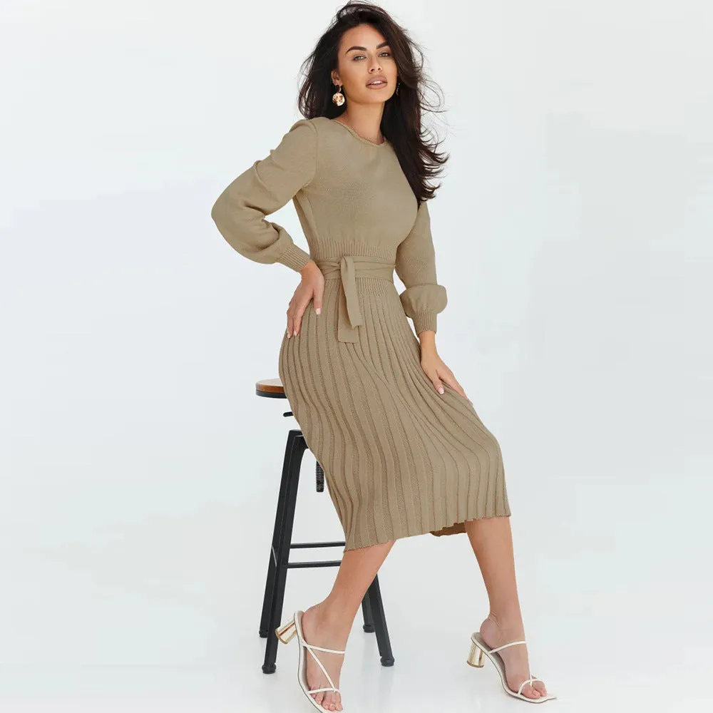 Knitted Slim-fit Pleated Midi Sweater Dress