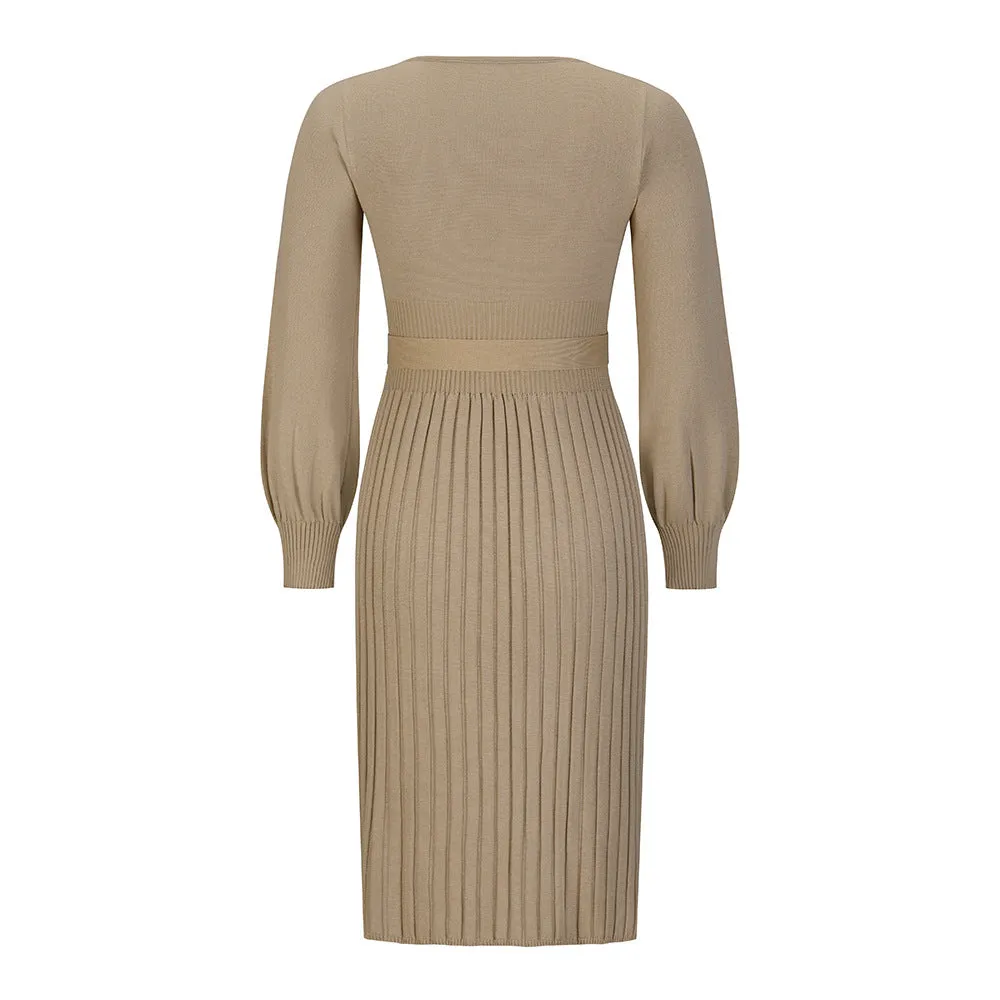 Knitted Slim-fit Pleated Midi Sweater Dress