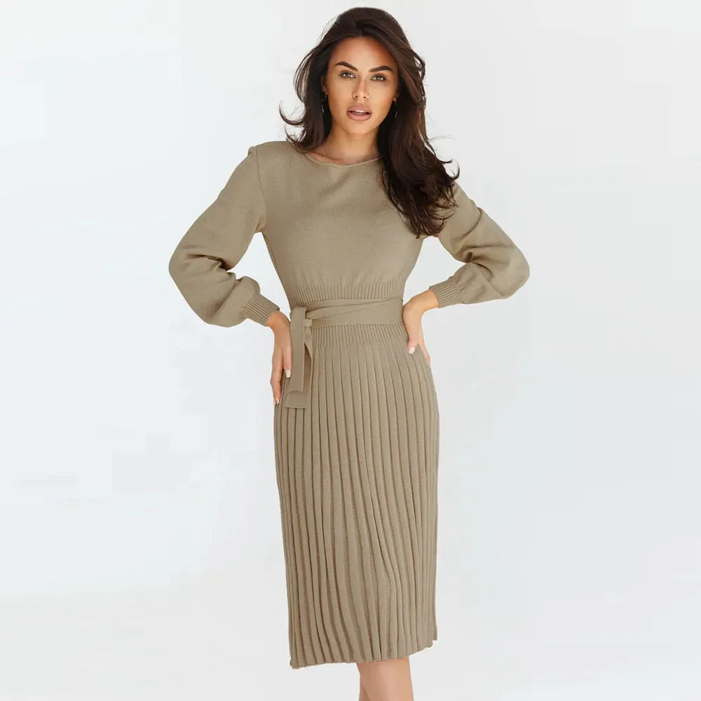 Knitted Slim-fit Pleated Midi Sweater Dress