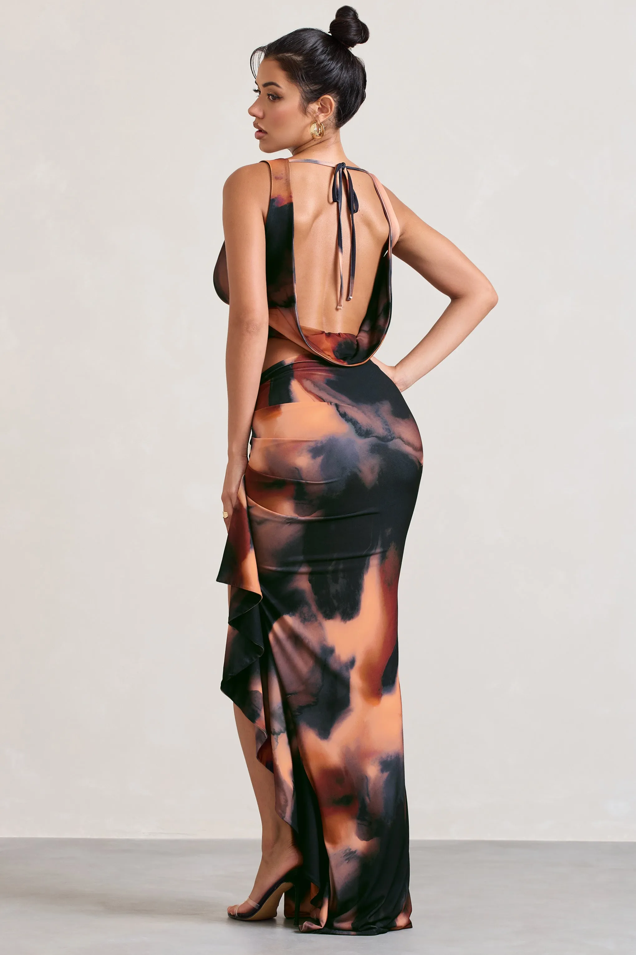 La Belle | Orange Smoke Print Ruffle Maxi Skirt With Thigh Split