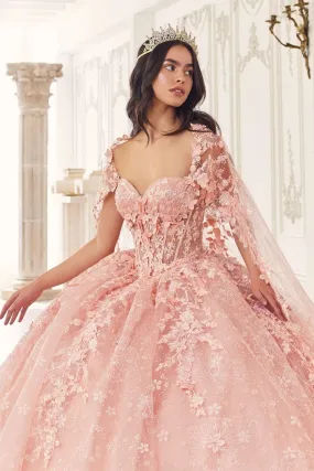 Ladivine - 15719 - Floral Ball Gown with Cape