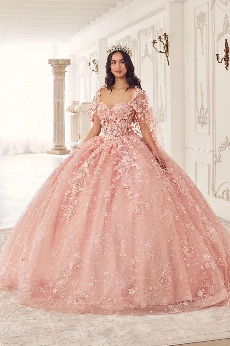 Ladivine - 15719 - Floral Ball Gown with Cape