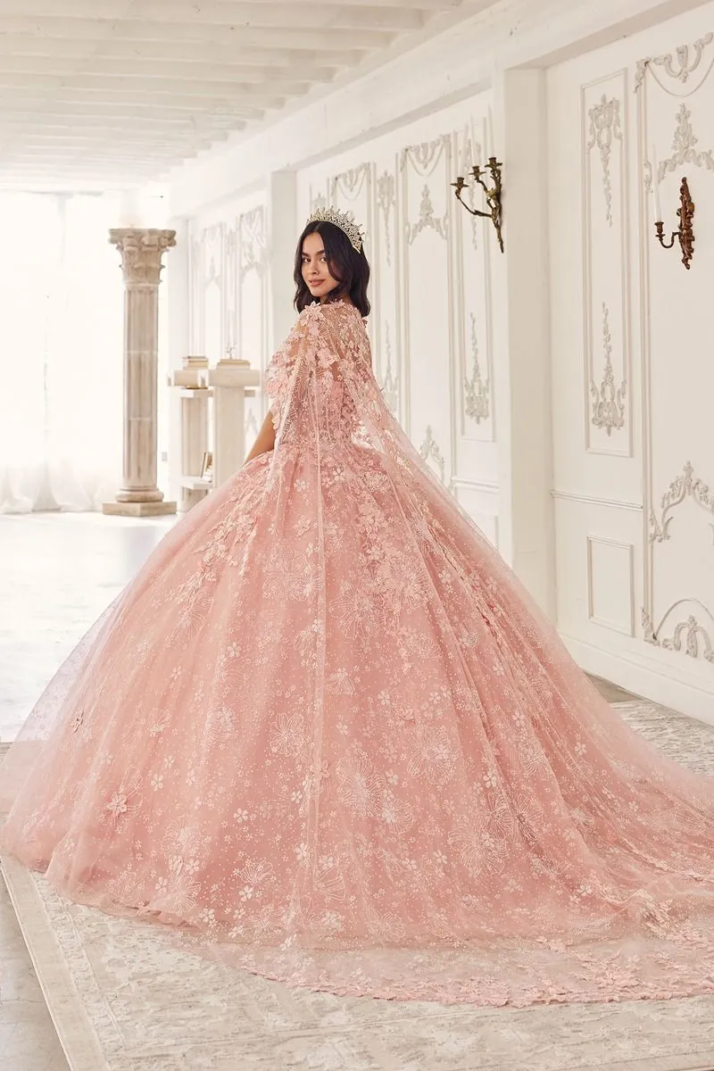 Ladivine - 15719 - Floral Ball Gown with Cape