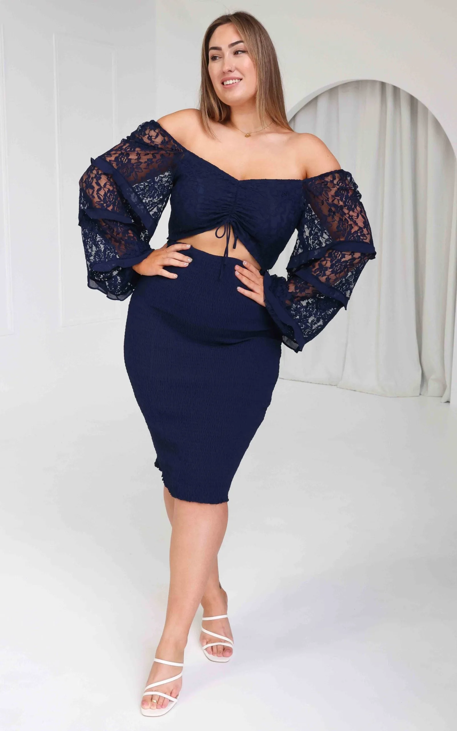 Leona Lace Sleeve Midi Dress - Navy