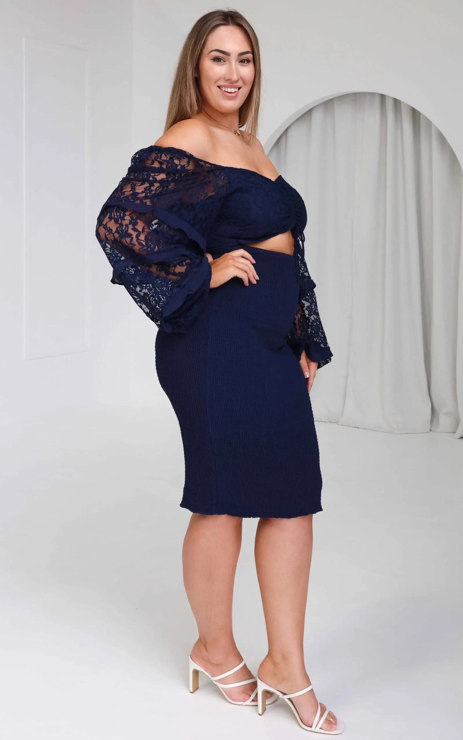 Leona Lace Sleeve Midi Dress - Navy