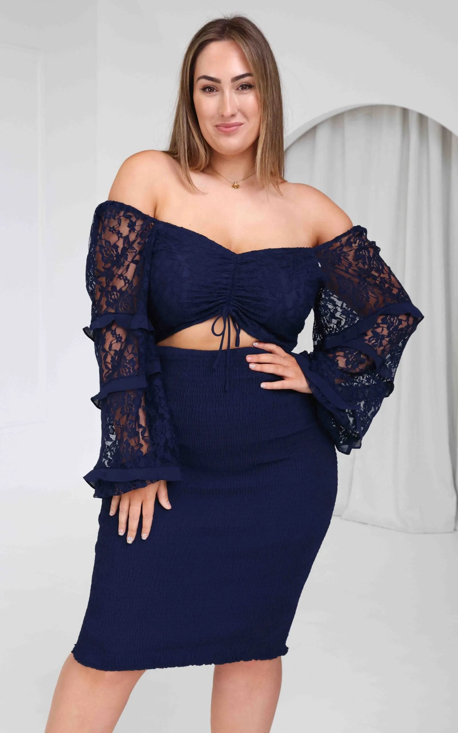 Leona Lace Sleeve Midi Dress - Navy