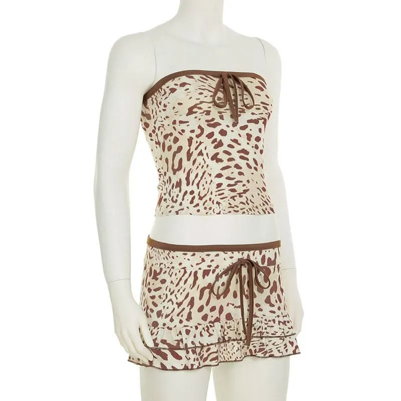 Leopard print bowknot tube mini skirt set