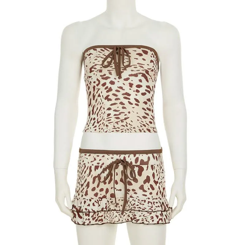 Leopard print bowknot tube mini skirt set