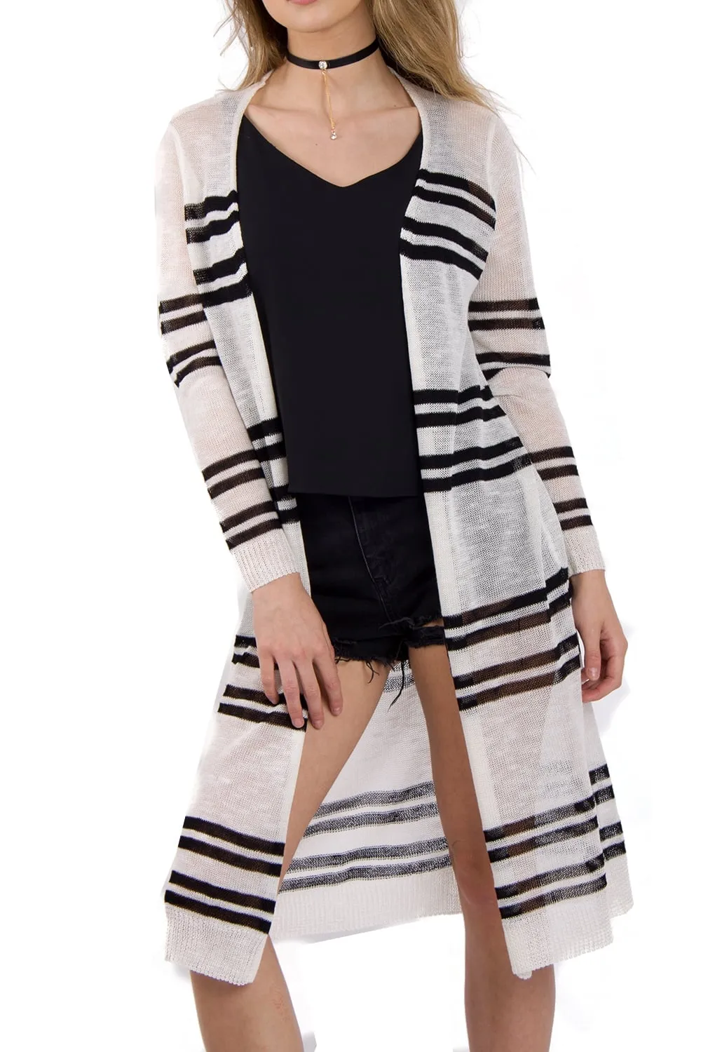 Lightweight Striped Fine Knit Longline Midi Length Knitted Cape Cardigan