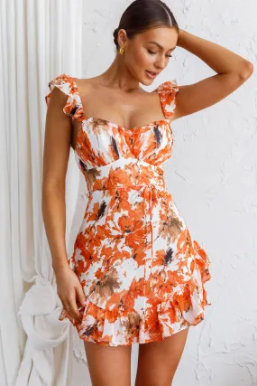 Liz Gathered Bust Frill Trim Dress Abstract Floral Orange