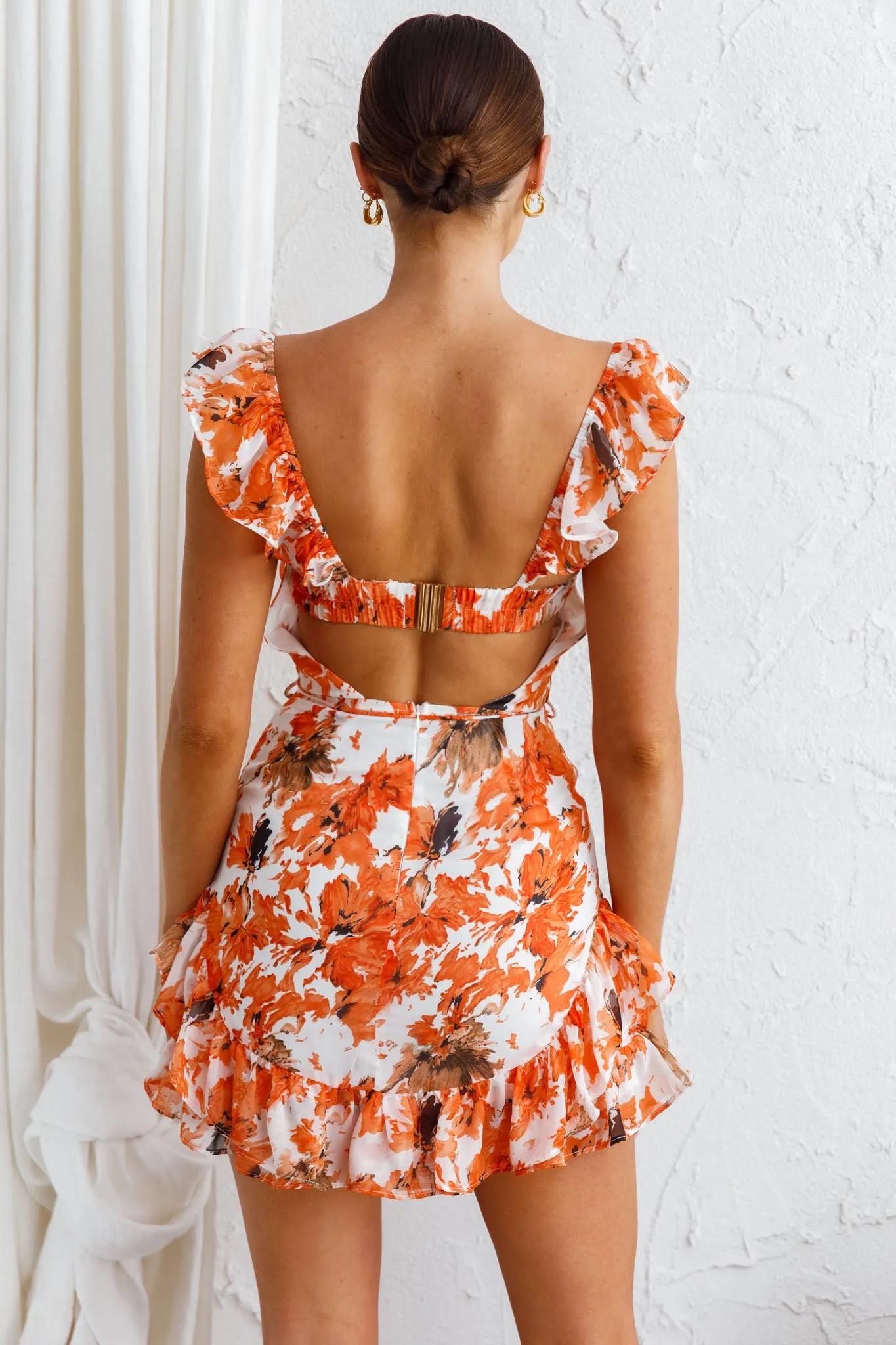 Liz Gathered Bust Frill Trim Dress Abstract Floral Orange