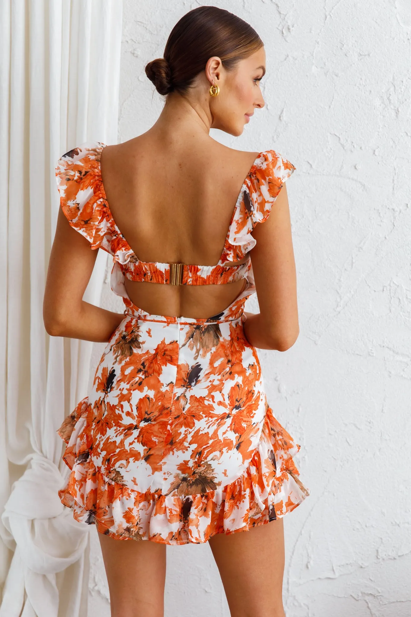 Liz Gathered Bust Frill Trim Dress Abstract Floral Orange