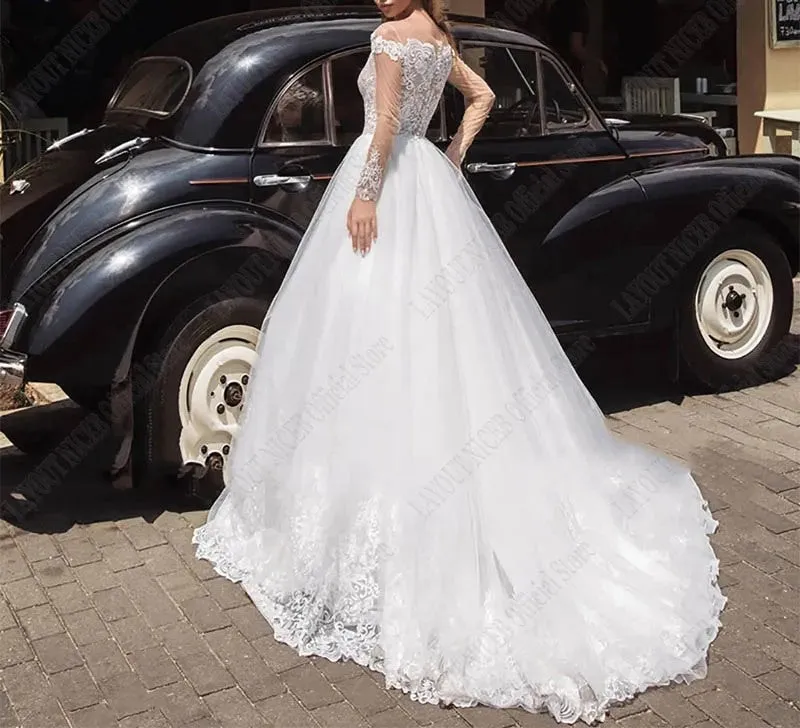 llusion Bateau Lace/Tulle A Line Wedding Gown All Sizes/Colors