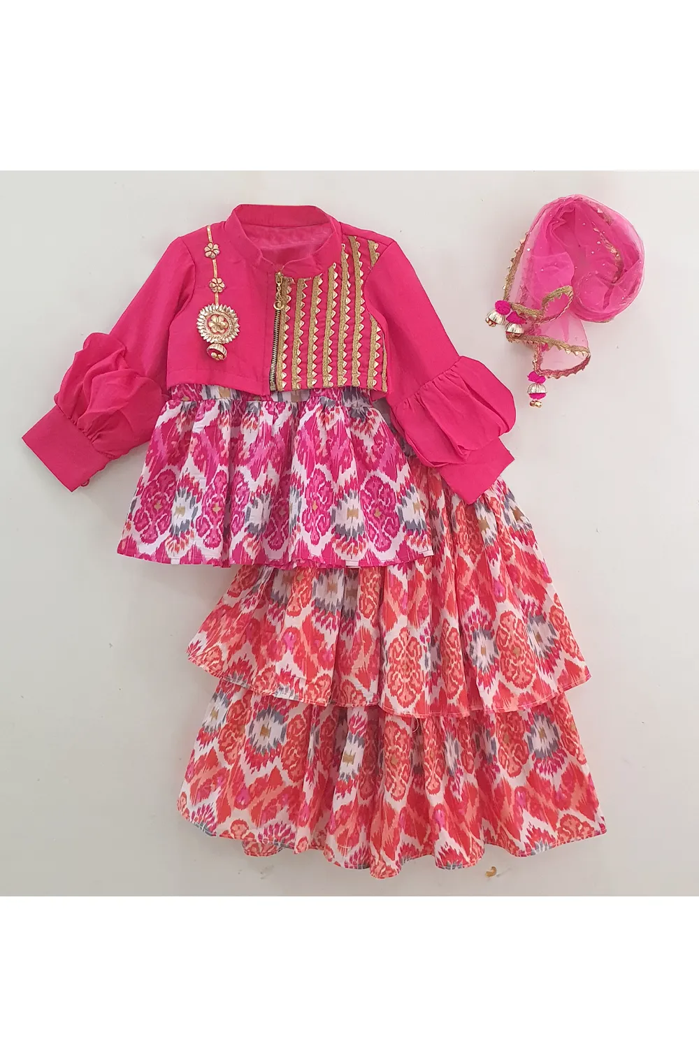 Magenta short jacket with printed top and sharara set