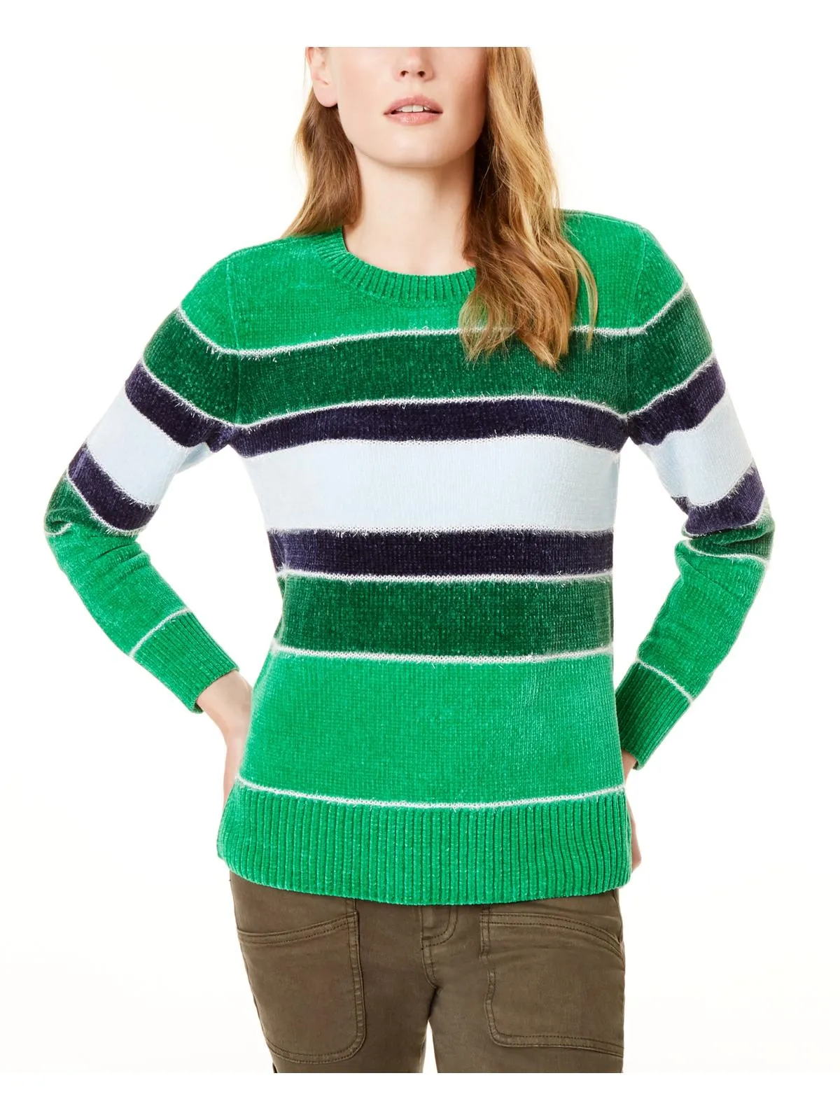 Maison Jules Women's Chenille Striped Pullover Sweater Green Size XX-Small