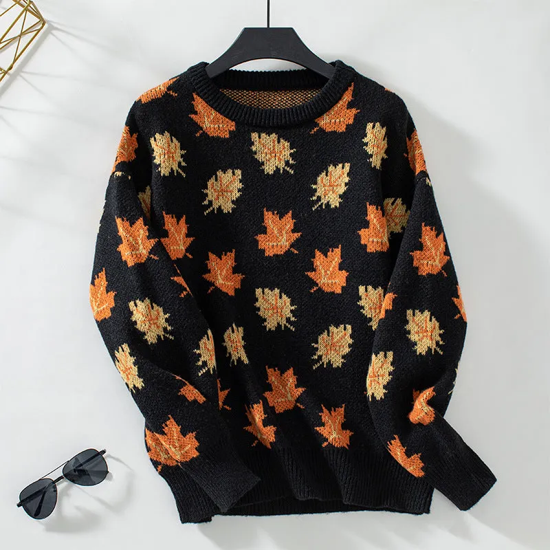 Maple Leaf Pattern Jacquard Pullover Sweater