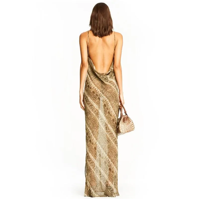 Maxi Strap backless slit elegant dress Snake print chiffon sexy women