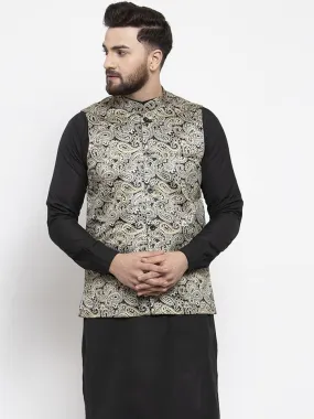 Men Golden Printed Satin Nehru Jacket