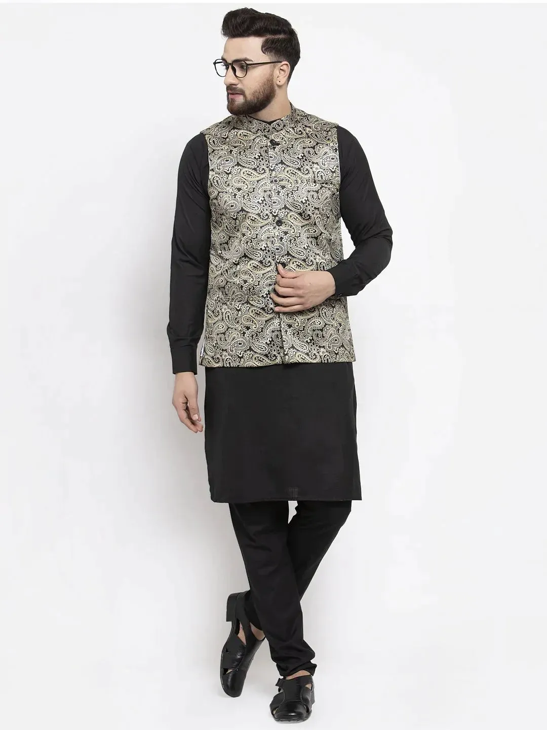 Men Golden Printed Satin Nehru Jacket