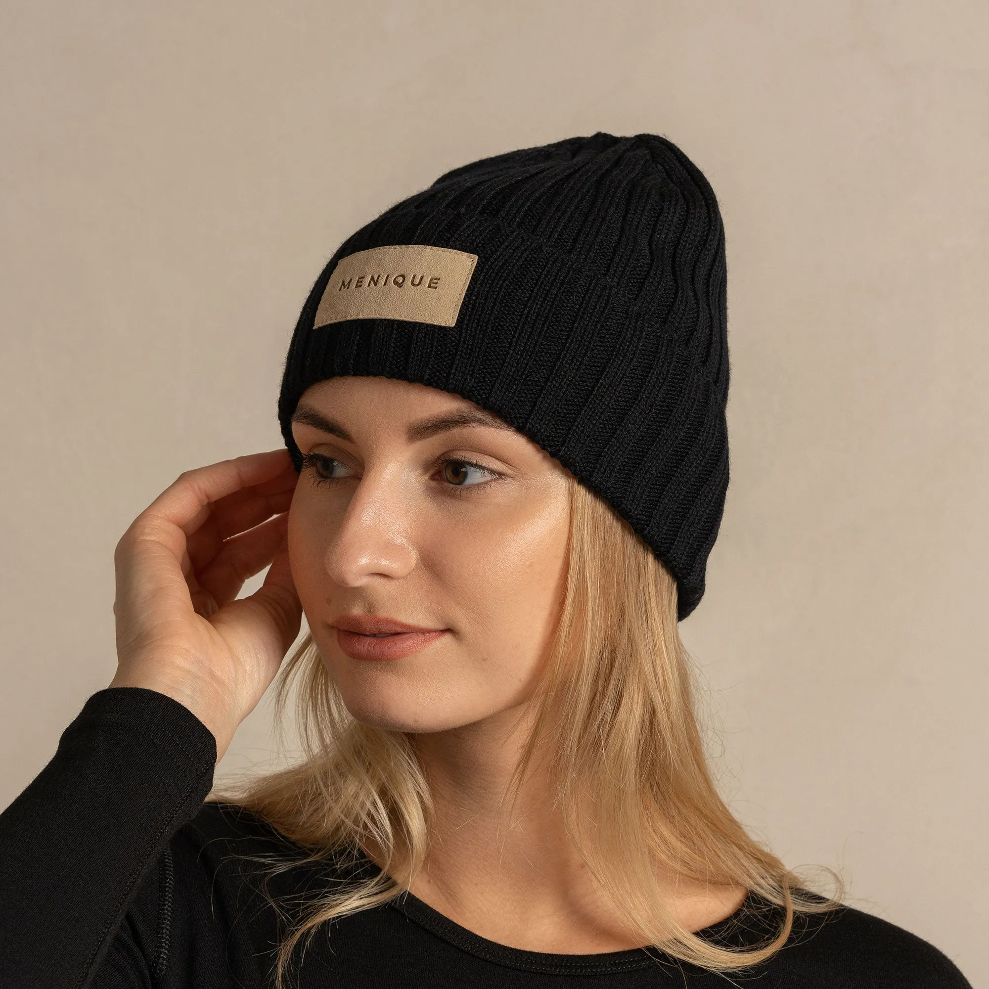 MENIQUE Logo 100% Merino Wool Womens Knit Ribbed Beanie