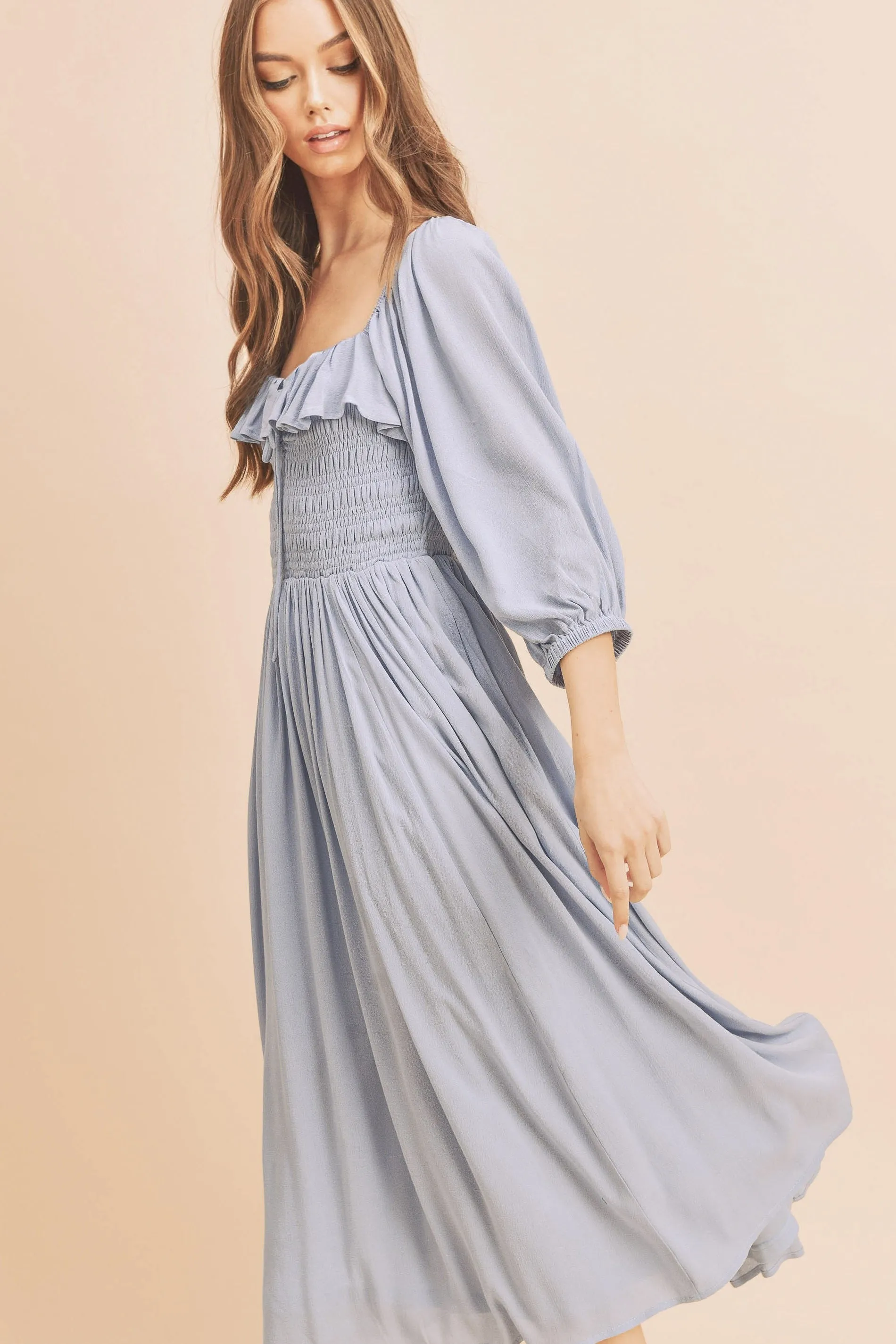 Midi Dress with Volume Sleeves