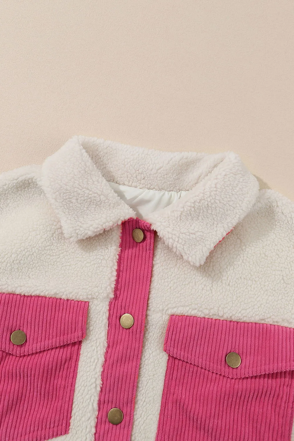 Multicolor Button Up Corduroy and Sherpa Jacket with Flap Pockets