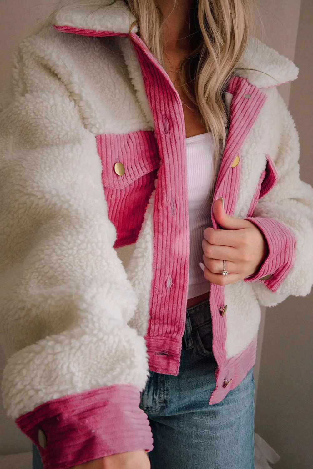 Multicolor Button Up Corduroy and Sherpa Jacket with Flap Pockets