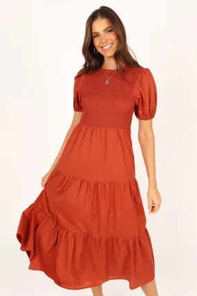 Naura Shirred Tiered Midi Dress - Rust