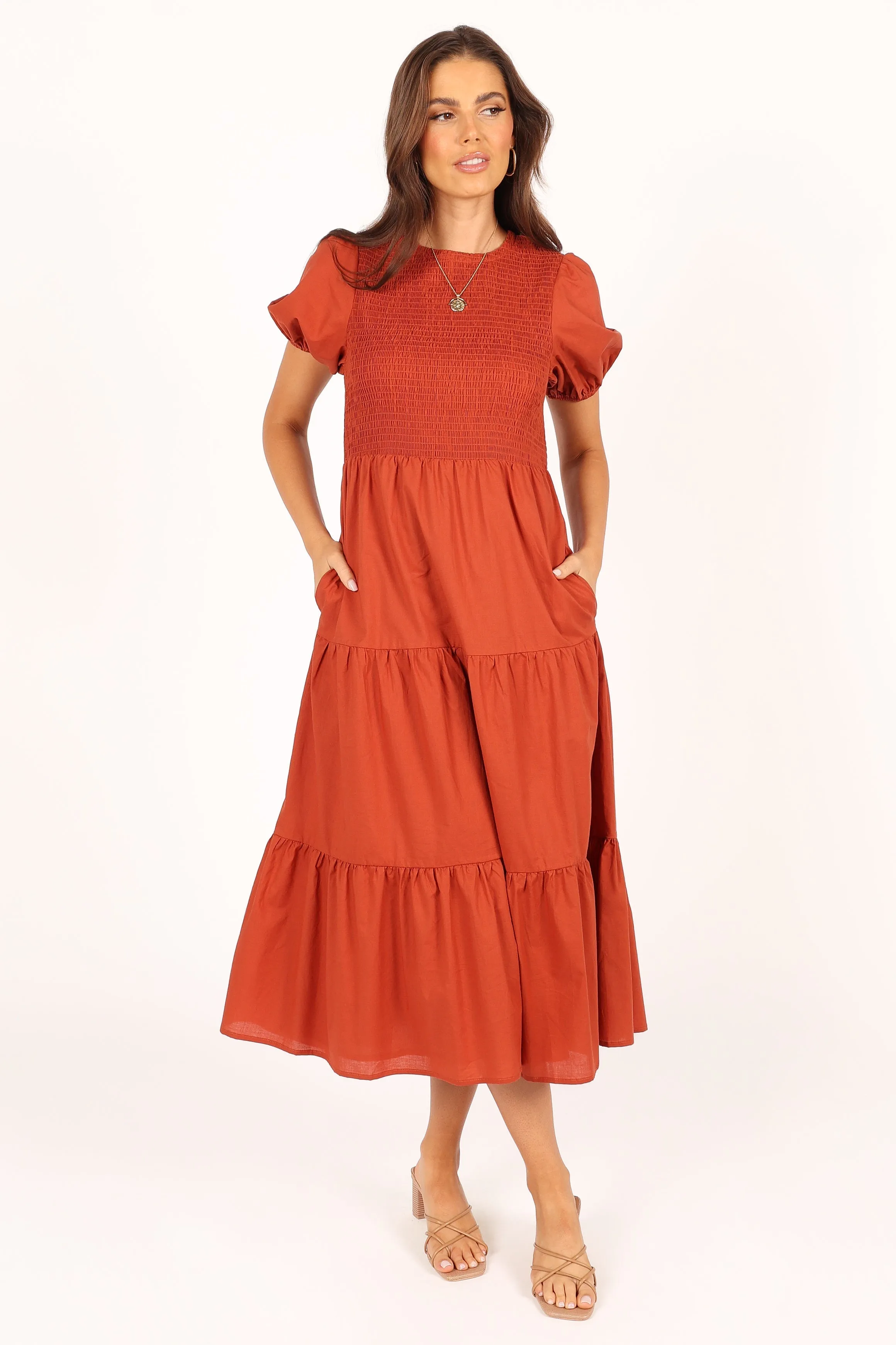 Naura Shirred Tiered Midi Dress - Rust