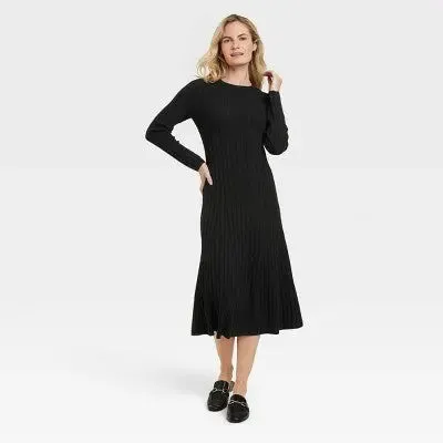 New - A New Day Women's Midi Ribbed Sweater Dress Long Sleeve A-Line