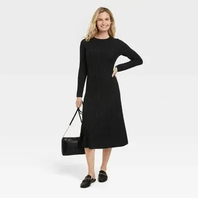 New - A New Day Women's Midi Ribbed Sweater Dress Long Sleeve A-Line