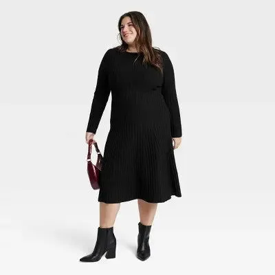 New - A New Day Women's Midi Ribbed Sweater Dress Long Sleeve A-Line