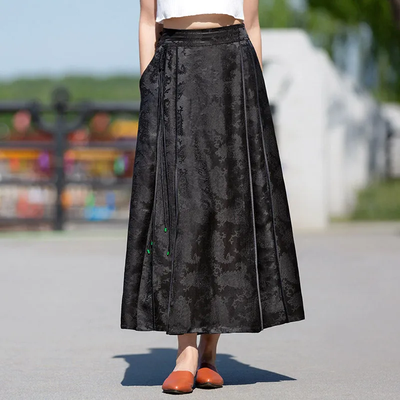 New Chinese-style Black Vintage Pattern Mulberry Silk Midi Skirt Mamianqun Skirt