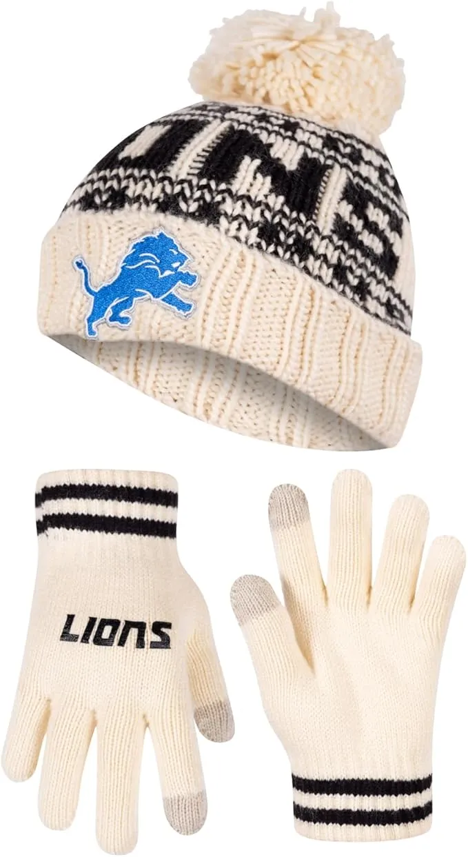 NFL Official Adults Super Soft Cable Knit Winter Beanie Knit Hat with Extra Warm Touch Screen Gloves|Detroit Lions