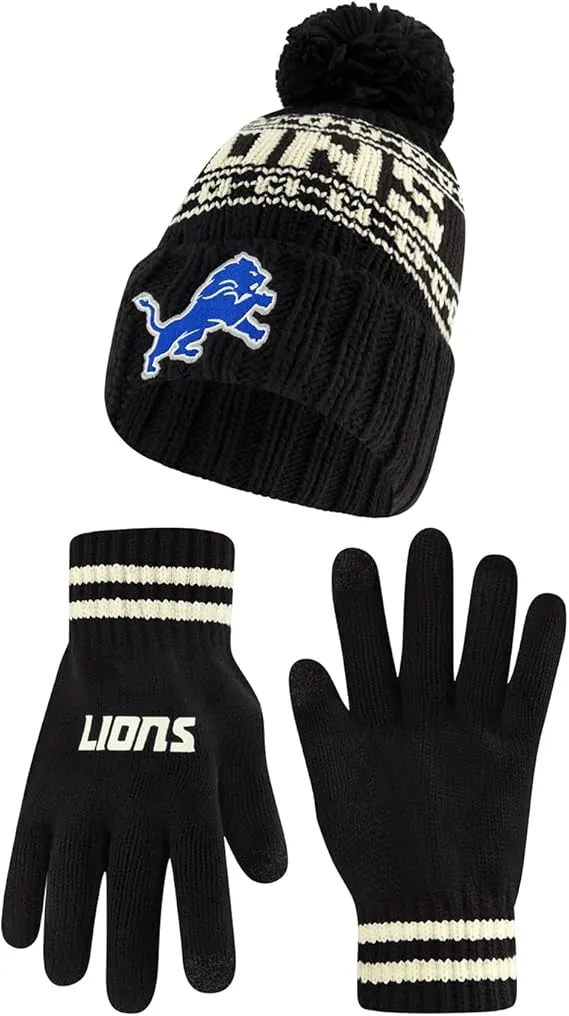 NFL Official Adults Super Soft Cable Knit Winter Beanie Knit Hat with Extra Warm Touch Screen Gloves|Detroit Lions