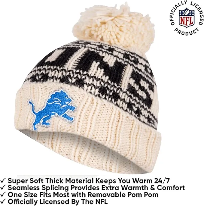 NFL Official Adults Super Soft Cable Knit Winter Beanie Knit Hat with Extra Warm Touch Screen Gloves|Detroit Lions