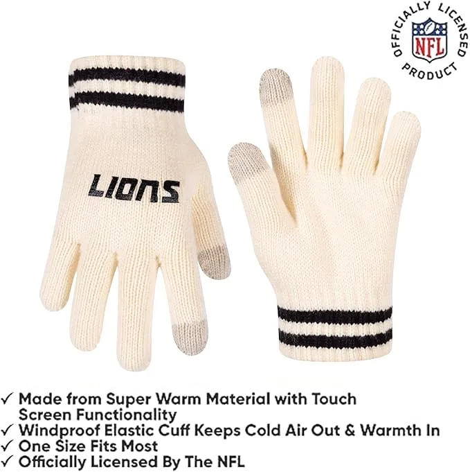 NFL Official Adults Super Soft Cable Knit Winter Beanie Knit Hat with Extra Warm Touch Screen Gloves|Detroit Lions