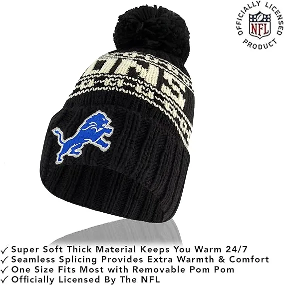 NFL Official Adults Super Soft Cable Knit Winter Beanie Knit Hat with Extra Warm Touch Screen Gloves|Detroit Lions