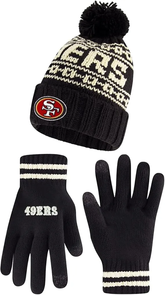 NFL Official Adults Super Soft Cable Knit Winter Beanie Knit Hat with Extra Warm Touch Screen Gloves|San Francisco 49ers