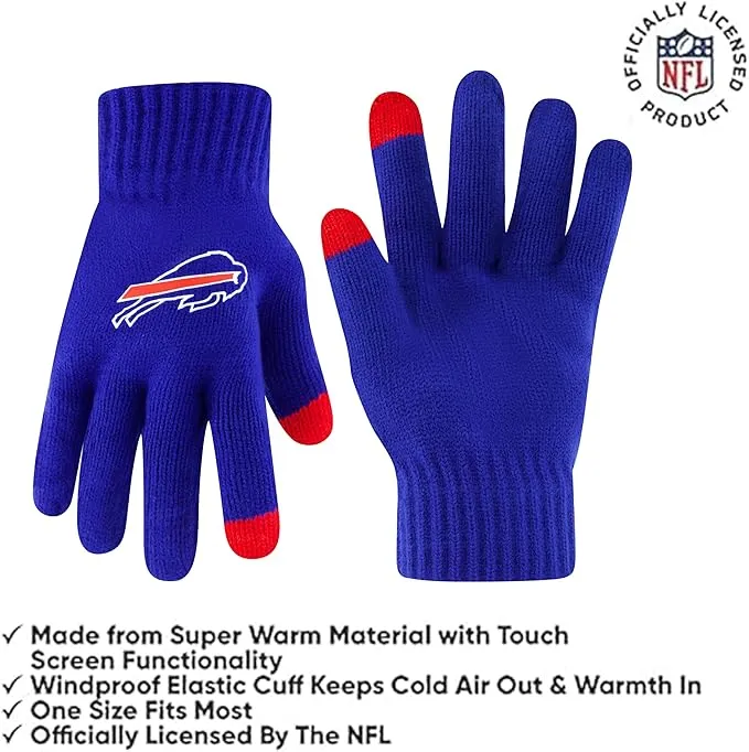 NFL Official Adults Super Soft Heritage Logo Winter Beanie Knit Hat with Extra Warm Touch Screen Gloves|Buffalo Bills