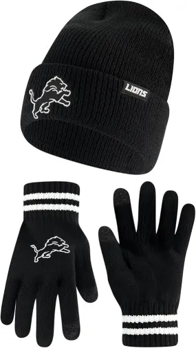 NFL Official Adults Super Soft Marled Winter Beanie Knit Hat with Extra Warm Touch Screen Gloves|Detroit Lions