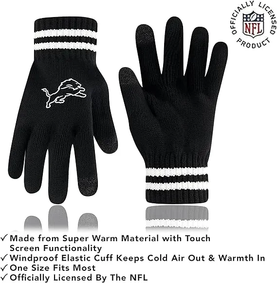 NFL Official Adults Super Soft Marled Winter Beanie Knit Hat with Extra Warm Touch Screen Gloves|Detroit Lions