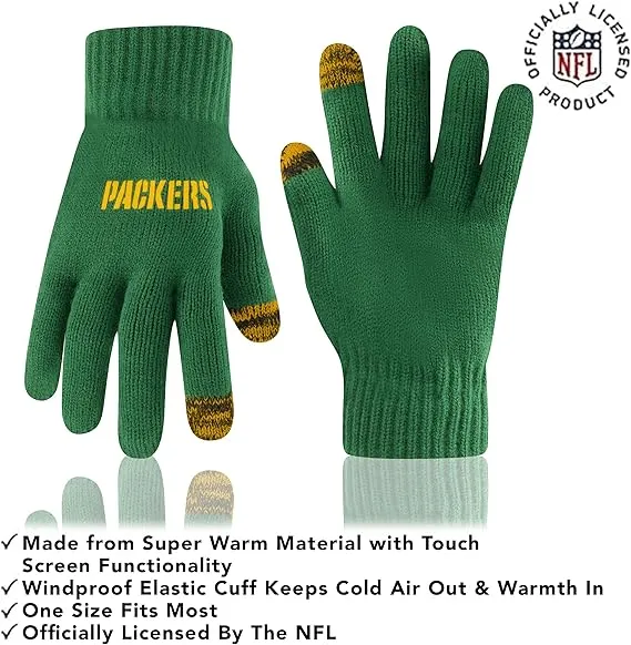 NFL Official Adults Super Soft Two Tone Winter Beanie Knit Hat with Extra Warm Touch Screen Gloves|Green Bay Packers