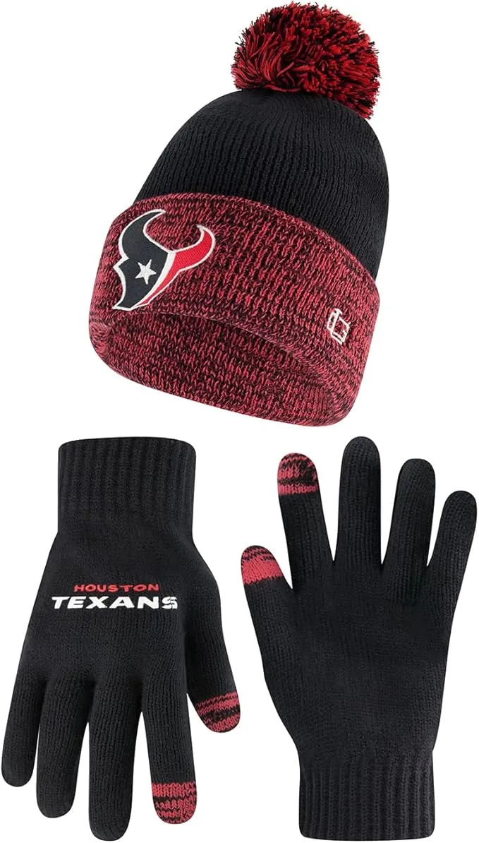 NFL Official Adults Super Soft Two Tone Winter Beanie Knit Hat with Extra Warm Touch Screen Gloves|Houston Texans