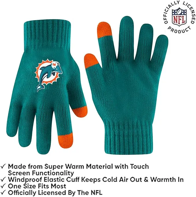 NFL Official Adults Super Soft Winter Beanie Knit Hat with Extra Warm Touch Screen Gloves|Miami Dolphins