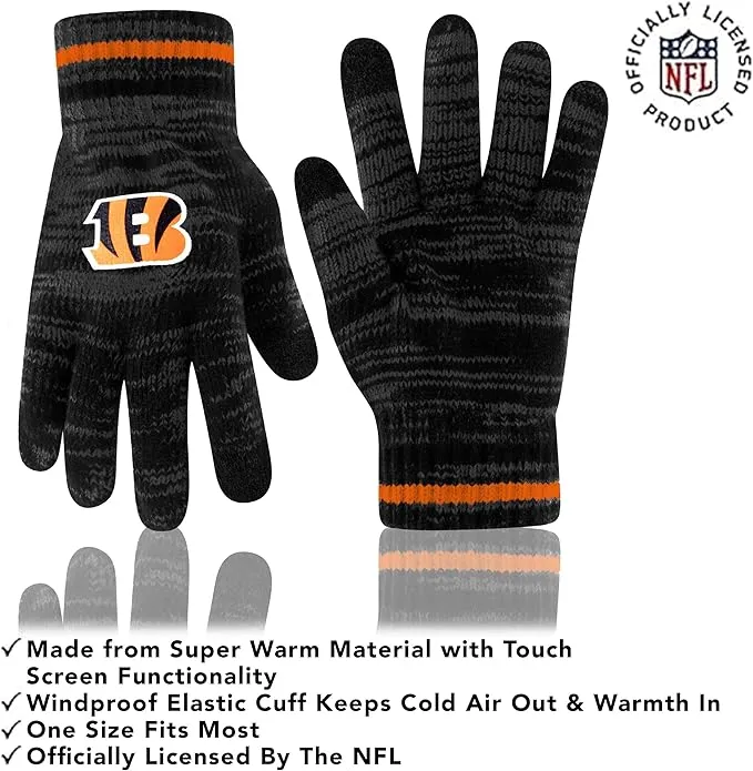 NFL Official Super Soft Marl Knit Winter Beanie Knit Hat with Extra Warm Touch Screen Gloves|Cincinnati Bengals