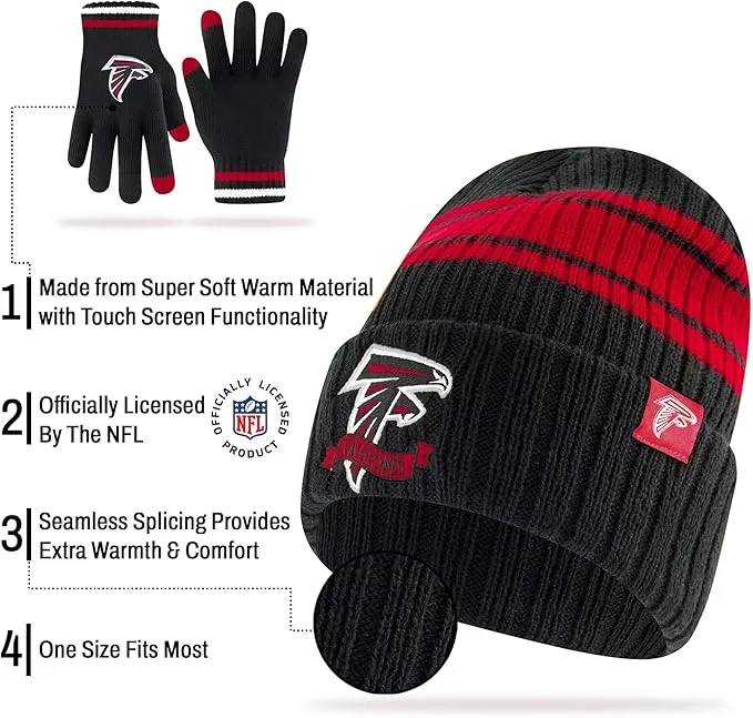 NFL Womens Super Soft Team Stripe Winter Beanie Knit Hat with Extra Warm Touch Screen Gloves|Buffalo Bills